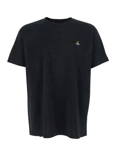 VIVIENNE WESTWOOD BLACK CREWNECK T-SHIRT WITH ORB EMBROIDERY ON THE FRONT IN COTTON MAN
