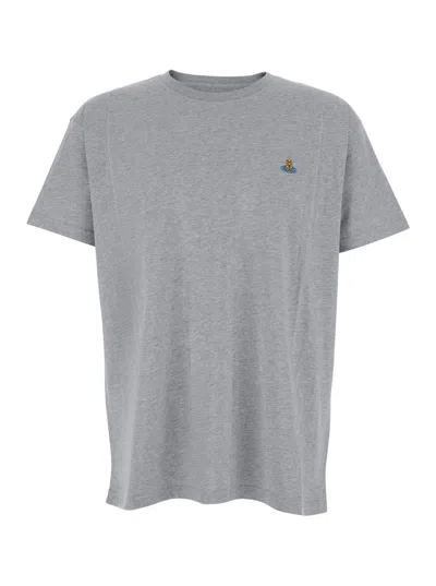 VIVIENNE WESTWOOD GREY CREWNECK T-SHIRT WITH ORB EMBROIDERY ON THE FRONT IN COTTON MAN