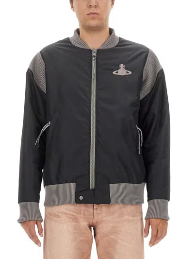 Vivienne Westwood Stripped Cyclist Bomber Jacket With Ribbed Inserts In Black