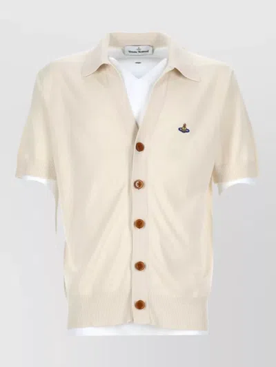 Vivienne Westwood Neutrals Ribbed Cuffs Embroidered Cardigan Polo Shirt In Metallic