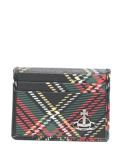 Vivienne Westwood Compact Black Tartan Plaid Wallet In Gray