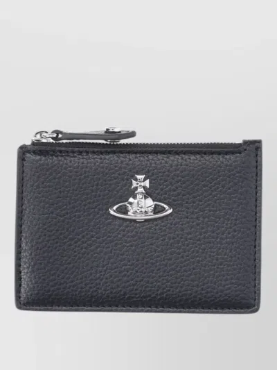 Vivienne Westwood Compact Wallet Cardholder Metal Logo Zip In Black