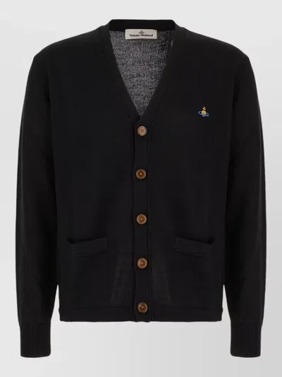 Vivienne Westwood Cotton Cardigan V Neckline Ribbed Trims In Black