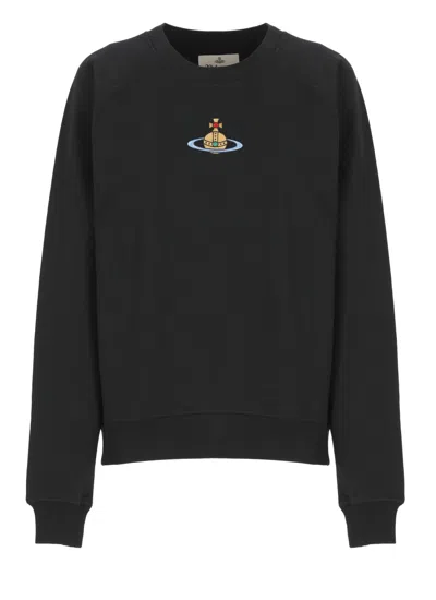 Vivienne Westwood Cropped Black Long-sleeve Sweatshirt With Embroidered Emblem In White