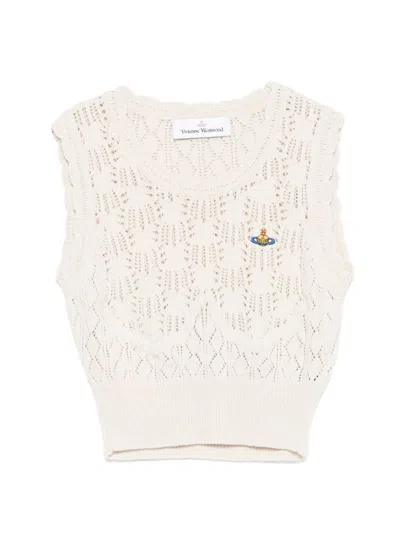 Vivienne Westwood Cream Openwork Knit Logo Sleeveless Top In Multi