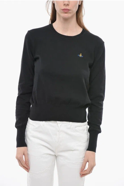 Vivienne Westwood Crew Neck Cashmere And Cotton Sweater With Embroidered Logo In Black