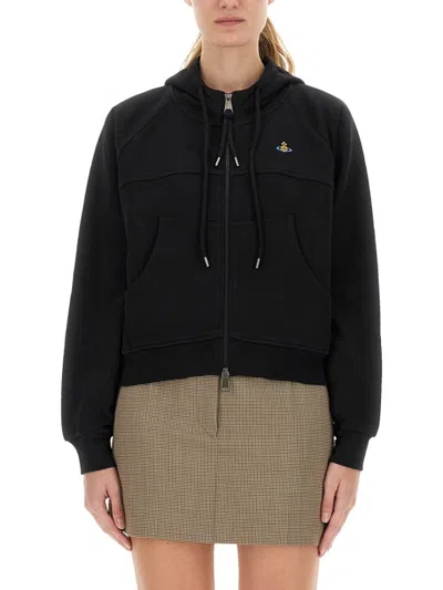 VIVIENNE WESTWOOD CROPPED BLACK HOODIE WITH ZIPPER CLOSURE AND RIBBED DETAILS