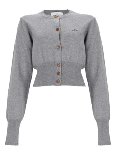 Vivienne Westwood Cropped Grey Cardigan With Ribbed Cuffs And Embroidered Emblem In Gray