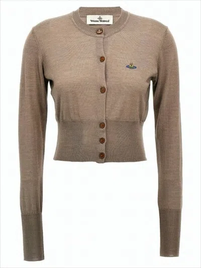 Vivienne Westwood Cropped Knit Cardigan With Wooden Button Front In Brown