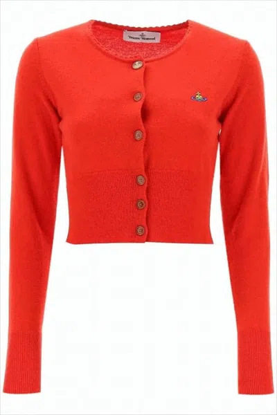 Vivienne Westwood Cropped Knit Cardigan With Wooden Buttons And Emblem In Red