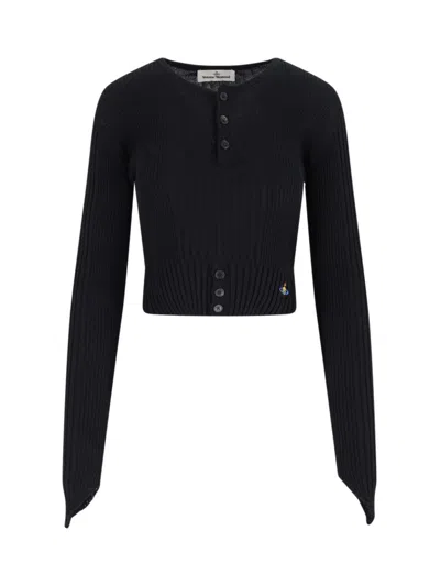 VIVIENNE WESTWOOD CROPPED RIBBED CARDIGAN WITH MULTICOLOR LOGO