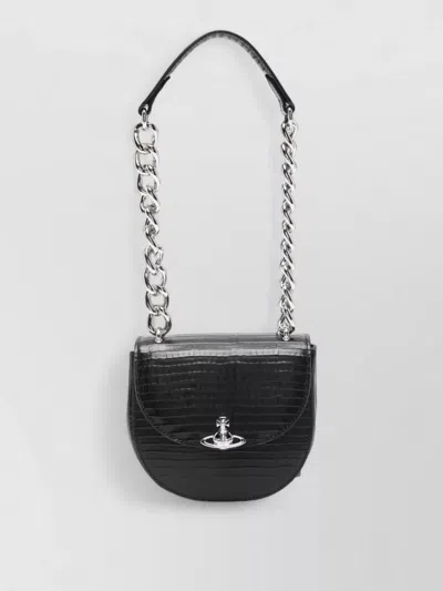 Vivienne Westwood Curved Shoulder Bag Croc Finish Chain Strap In Black
