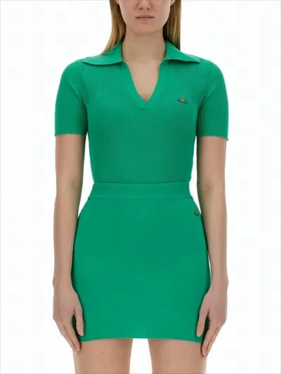 Vivienne Westwood Deep V-neck Fitted Sweater With Ribbed Texture In Green