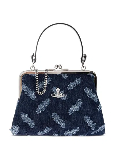 Vivienne Westwood Denim Tote Bag With Frayed Edges And Orb Pattern In Blue