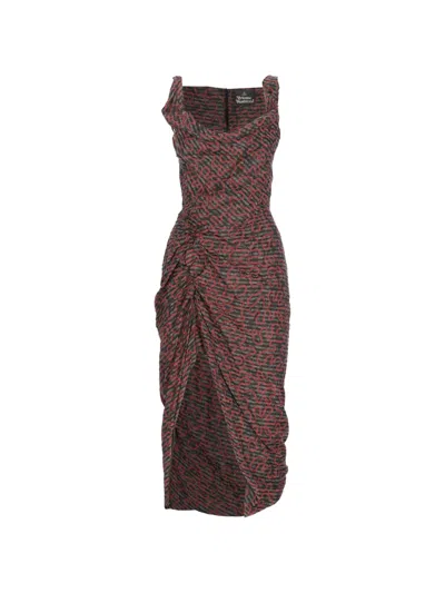 Vivienne Westwood Fitted Cotton Midi Dress With Contrasting Pattern And Ruched Detail In Multi