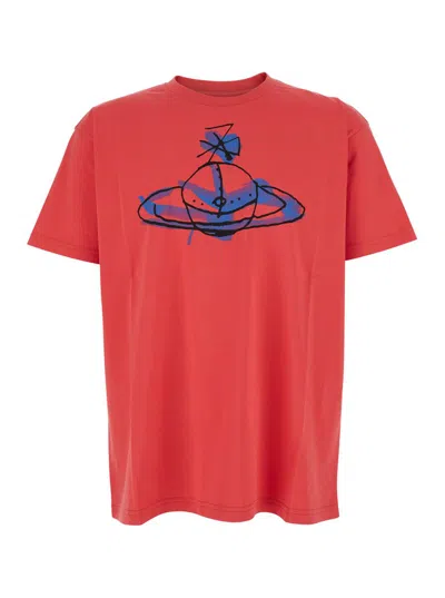 VIVIENNE WESTWOOD RED CREWNECK T-SHIRT WITH MAXI ORB ON THE FRONT IN COTTON MAN