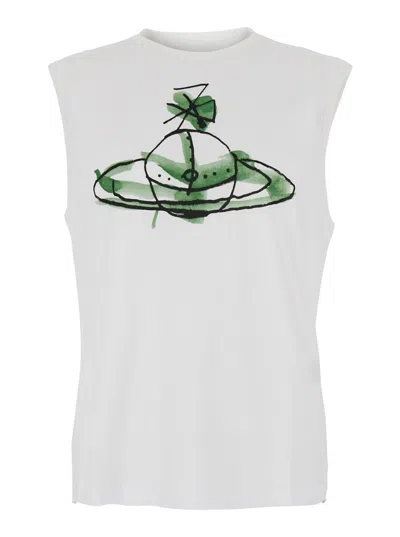 VIVIENNE WESTWOOD WHITE CREW NECK TOP WITH ORB PRINT ON THE FRONT IN COTTON MAN