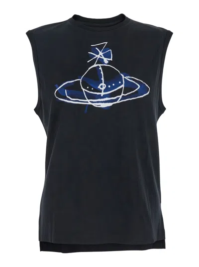 VIVIENNE WESTWOOD BLACK SLEEVELESS TOP WITH MAXI ORB ON THE FRONT IN COTTON MAN