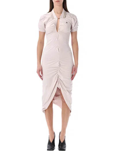 Vivienne Westwood Fitted Midi Dress With Ruched Detailing And Polo Collar In White