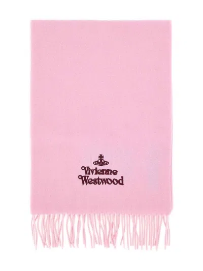 Vivienne Westwood Embroidered-logo Fringed Scarf In Pink