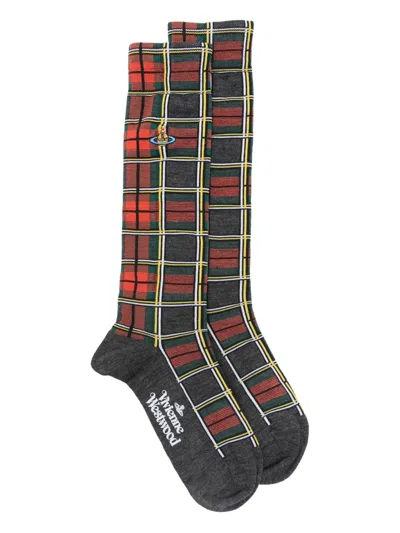 Vivienne Westwood Embroidered-orb Plaid Socks In Multi
