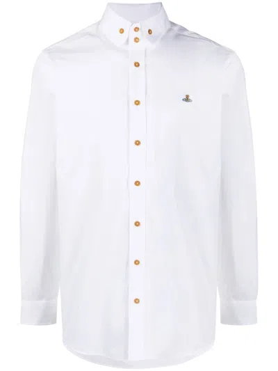 Poplin Shirt With Button Down Collar And Orb Embroidery In White from Vivienne Westwood