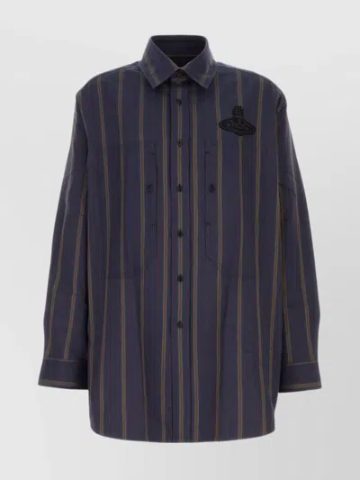 Vivienne Westwood Embroidered Shirt With Button-down Collar And Pockets In Blue
