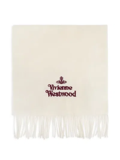 Vivienne Westwood Embroidered-logo Fringed Scarf In White