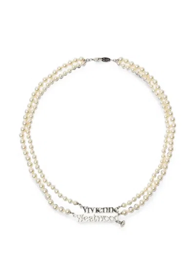 Vivienne Westwood Emilio Logo-lettering Pearl Necklace In Neutral