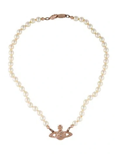 Pre-owned Vivienne Westwood Faux Pearl & Crystal Mini Bas Relief Choker Necklace, 15" In Multi