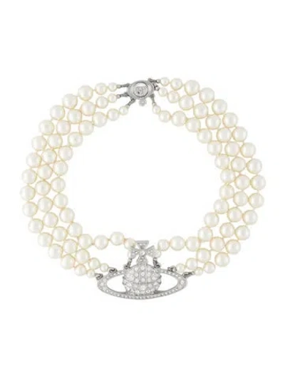Pre-owned Vivienne Westwood Faux Pearl Three Row Bas Relief Choker, 15.5" In Multicolor