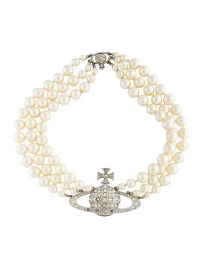 Pre-owned Vivienne Westwood Faux Pearl Three Row Bas Relief Choker Necklace, 14.5" In Multicolor
