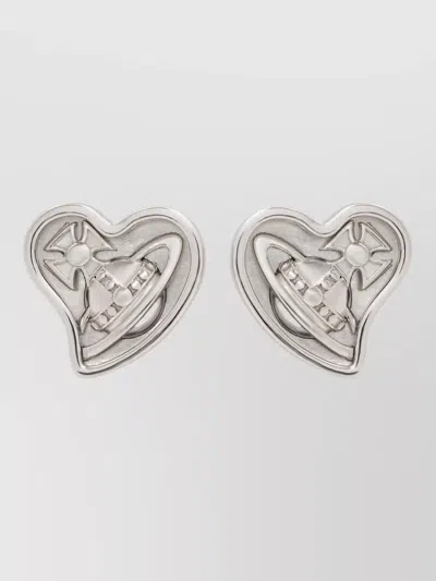 Vivienne Westwood Faye Heart Stud Earrings Engraved Detail In Silver