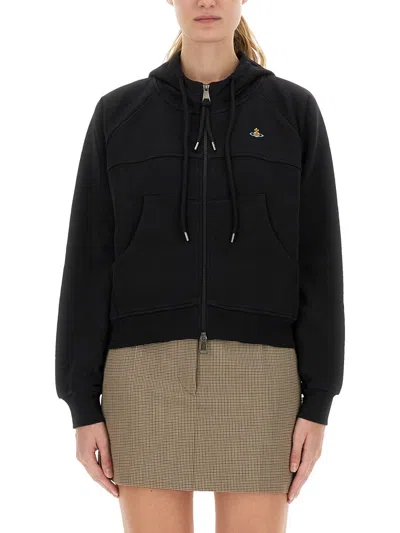 Vivienne Westwood Cropped Black Hoodie With Zipper Closure And Ribbed Details In Brown
