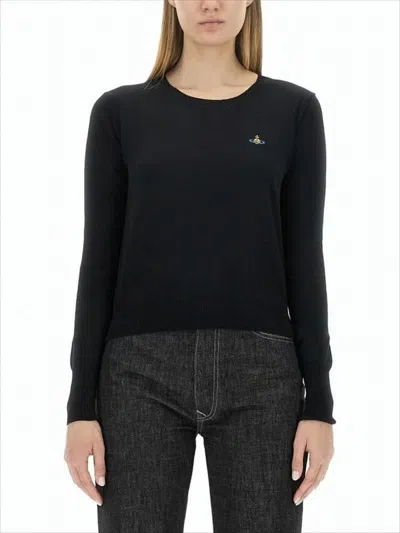 Vivienne Westwood Fitted Black Cashmere-cotton Blend Sweater With Embroidered Emblem