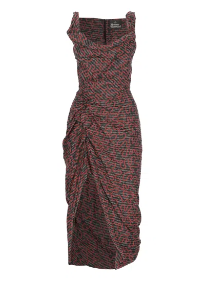 Vivienne Westwood Fitted Cotton Midi Dress With Contrasting Pattern And Ruched Detail In Red