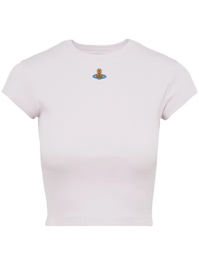 Vivienne Westwood Fitted Cropped T-shirt With Colorful Embroidered Emblem In White