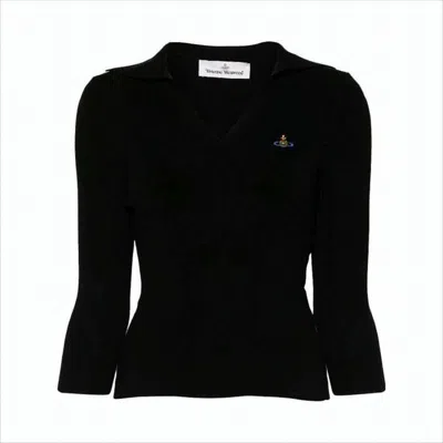 Vivienne Westwood Fitted Deep V-neck Sweater With Ribbed Texture In Black