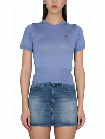 Vivienne Westwood Fitted Short-sleeve Knit Sweater With Ribbed Hem In Blue