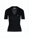 Vivienne Westwood Fitted Short-sleeve Sweater With Deep V-neck And Emblem In White
