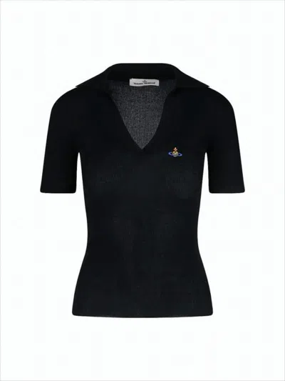 Vivienne Westwood Fitted Short-sleeve Sweater With Deep V-neck And Emblem In White