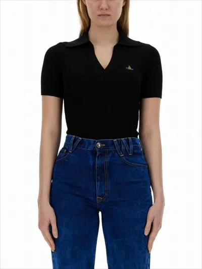 Vivienne Westwood Fitted V-neck Sweater With Ribbed Texture In Black