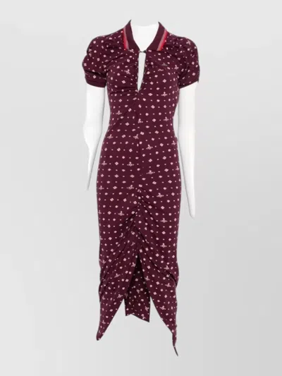 Vivienne Westwood Floral Ruched Dress Asymmetric Hem Short Sleeves In Burgundy