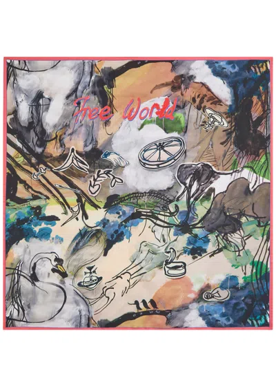 Vivienne Westwood Free World Printed Silk Scarf In Brown
