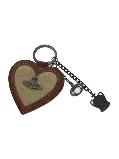 Pre-owned Vivienne Westwood Fur Heart Crown Orb Key Chain In Brown