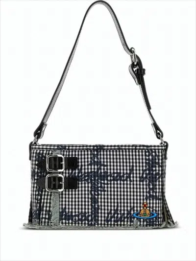 Vivienne Westwood Gingham Pattern Shoulder Bag With Leather Accents In White