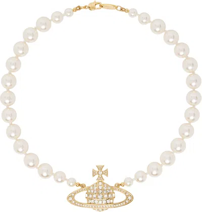 Vivienne Westwood Gold & White One Row Faux-pearl Bas Relief Choker In R202 Gold/cream/crys