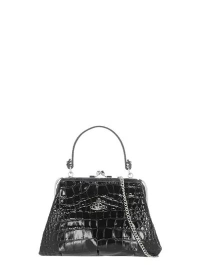 Vivienne Westwood Granny Frame Black Crocodile Handbag With Metal Logo And Chain Strap