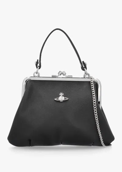 Vivienne Westwood Granny Frame Black Saffiano Purse In Black Suede