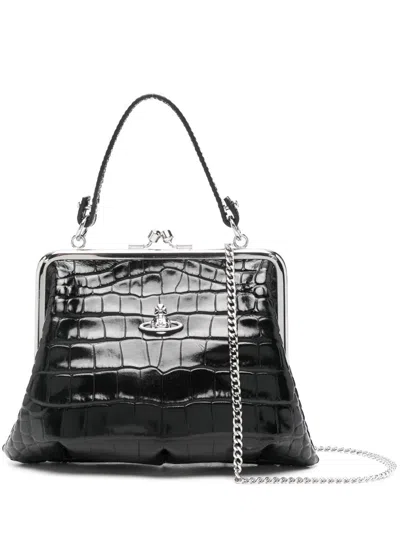 Vivienne Westwood Granny Frame Purse In Crocembossed Black Leather